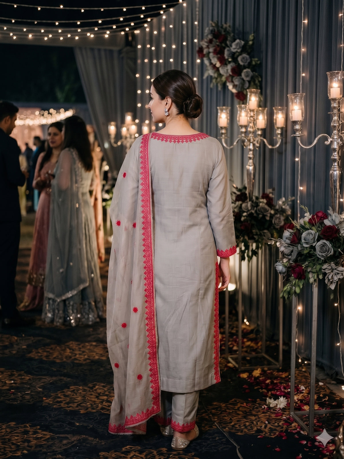 Roman Silk Embroidered With Mirror worked Kurti With Palazzo and Dupatta