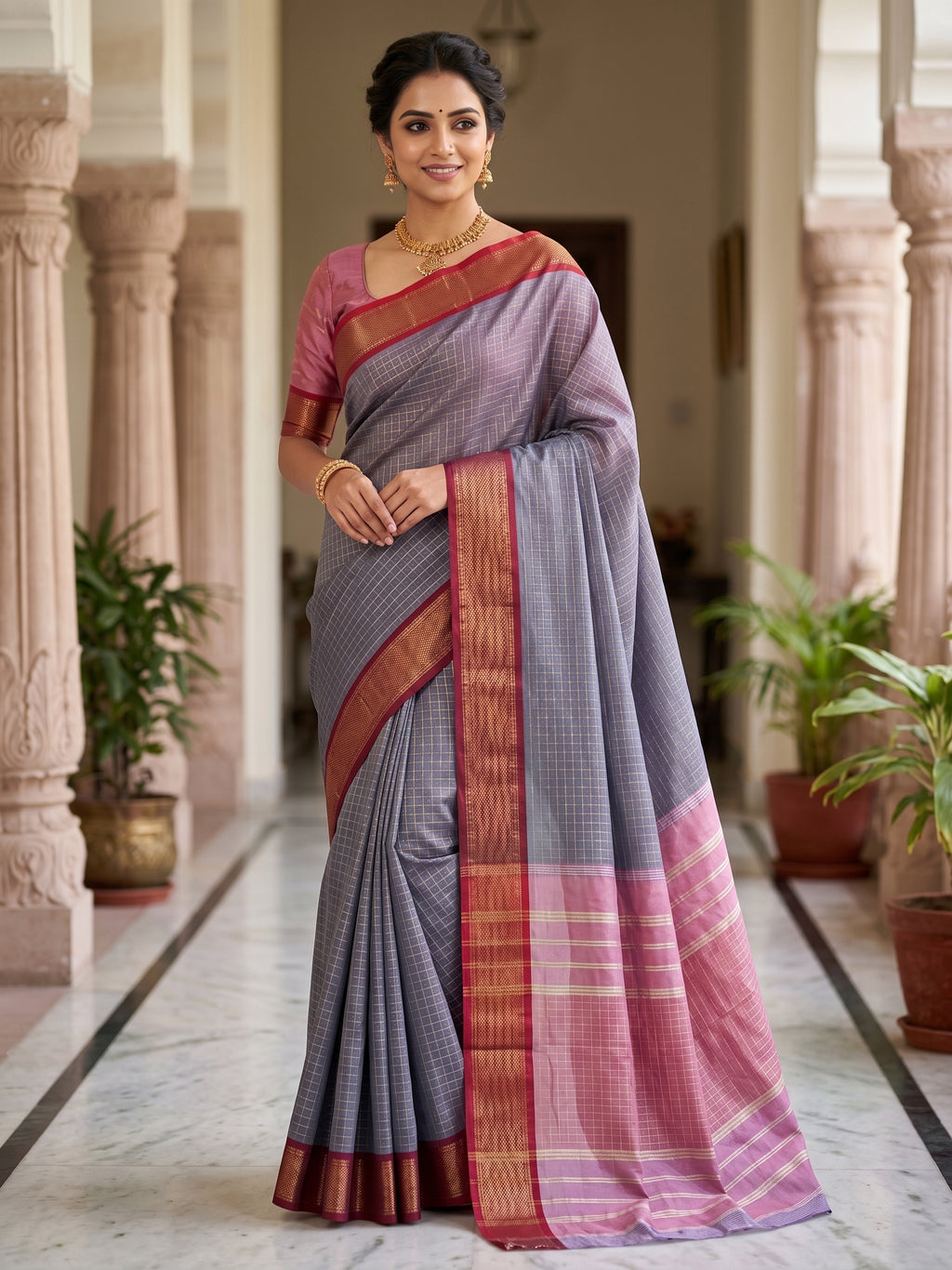 Grey Micro Checks with Maroon Border Soft Silk Saree