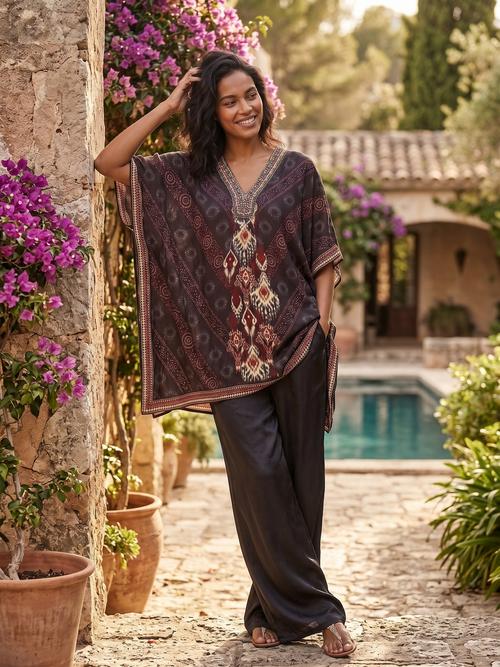 Black Georgette Embroidered Kaftan with Chinon Palazzo Pants
