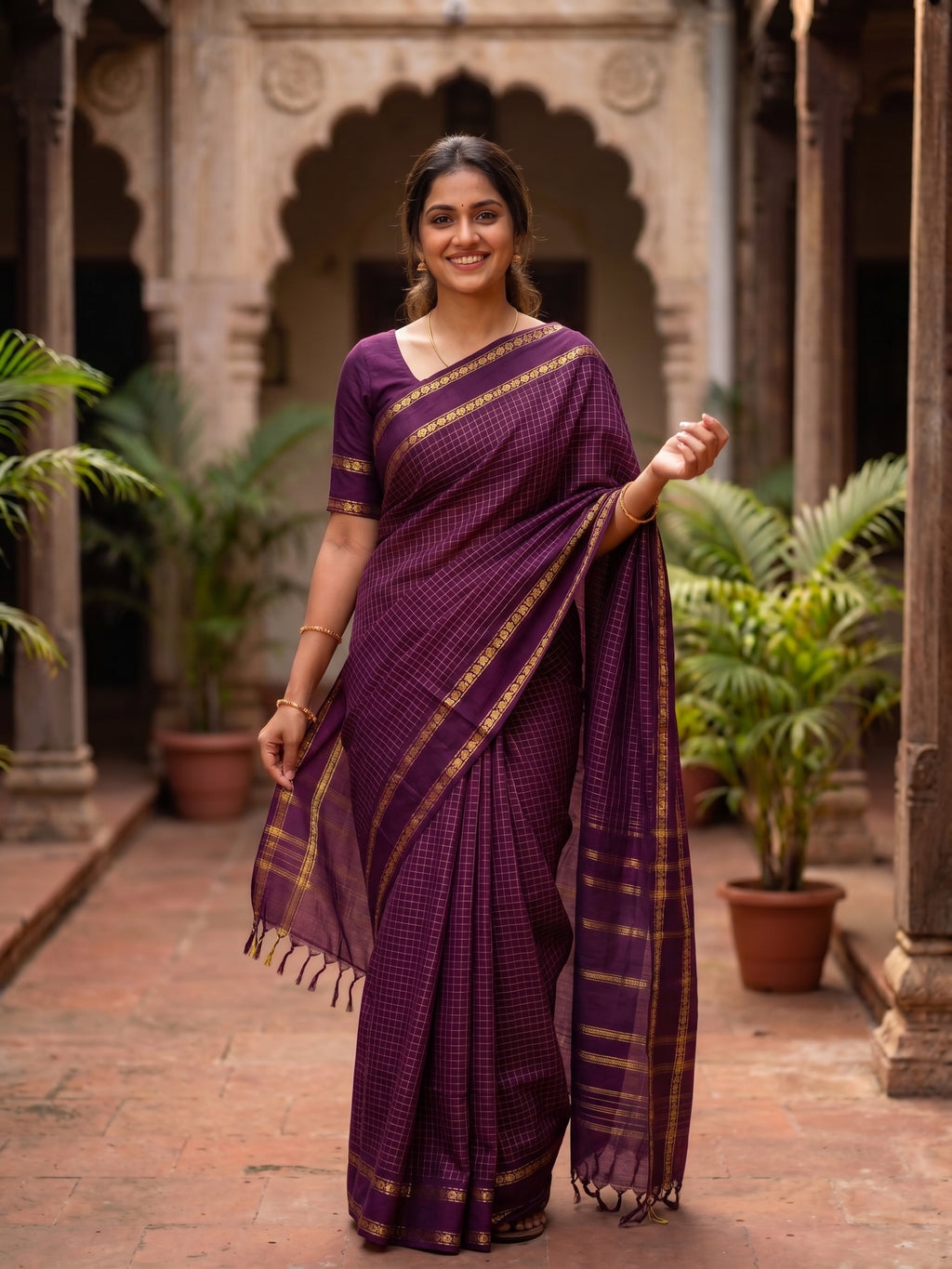 Wine Micro checkered Kalyani cotton saree with Golden zari border
