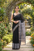 Grey Black Hand Block Printed Kota Doria Saree