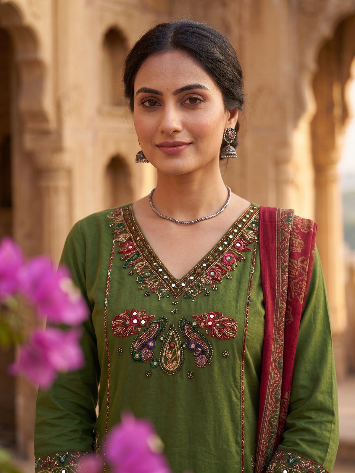 Solid Green Ajrak Patched with Embroidery Dhabu Cotton Kurti Set