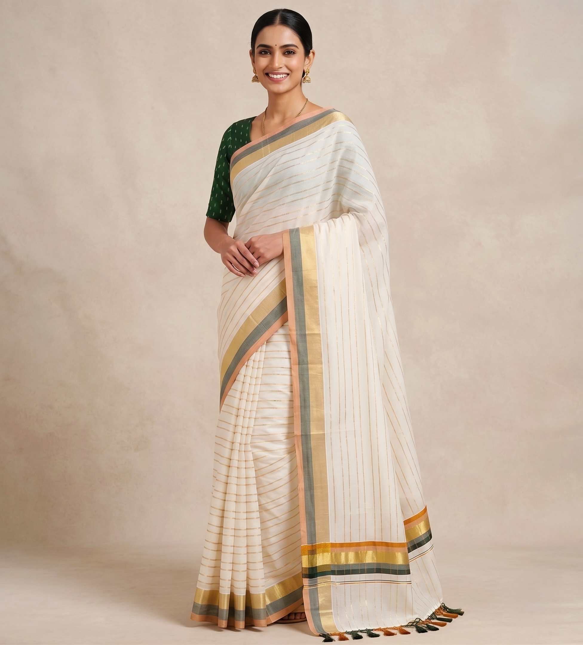 Zari Woven Striped with Muti Border Kerala Cotton Saree