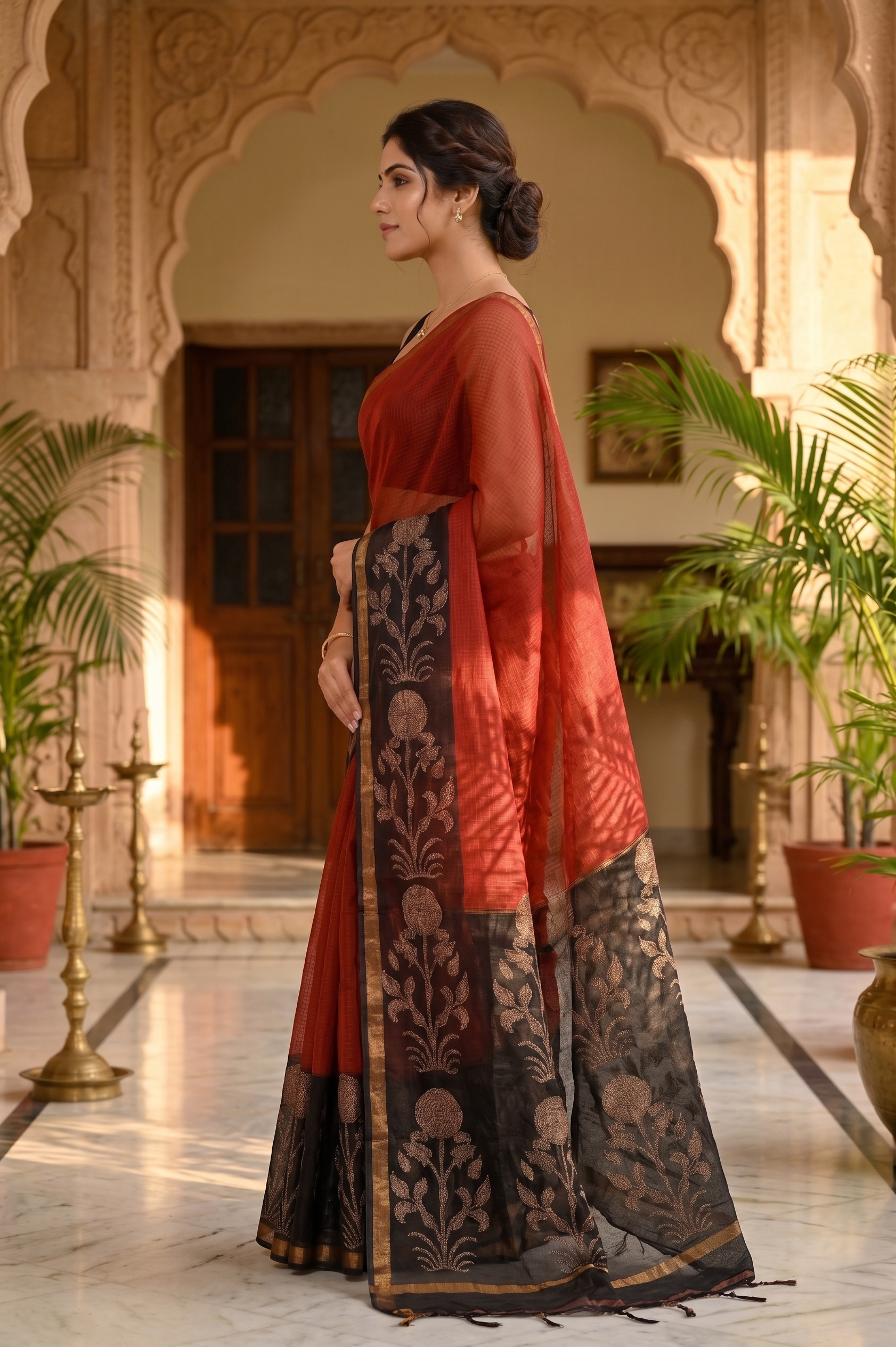 Maroon Black Hand Block Printed Kota Doria Saree