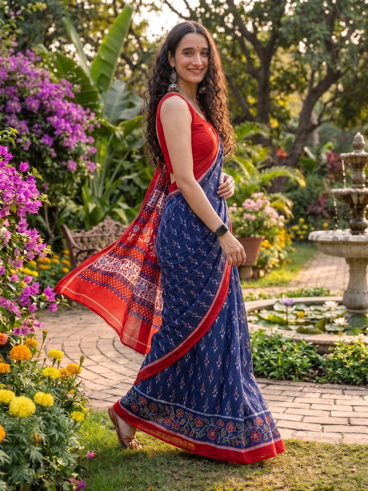 Indigo Red Hand Block Printed Mul Cotton Saree