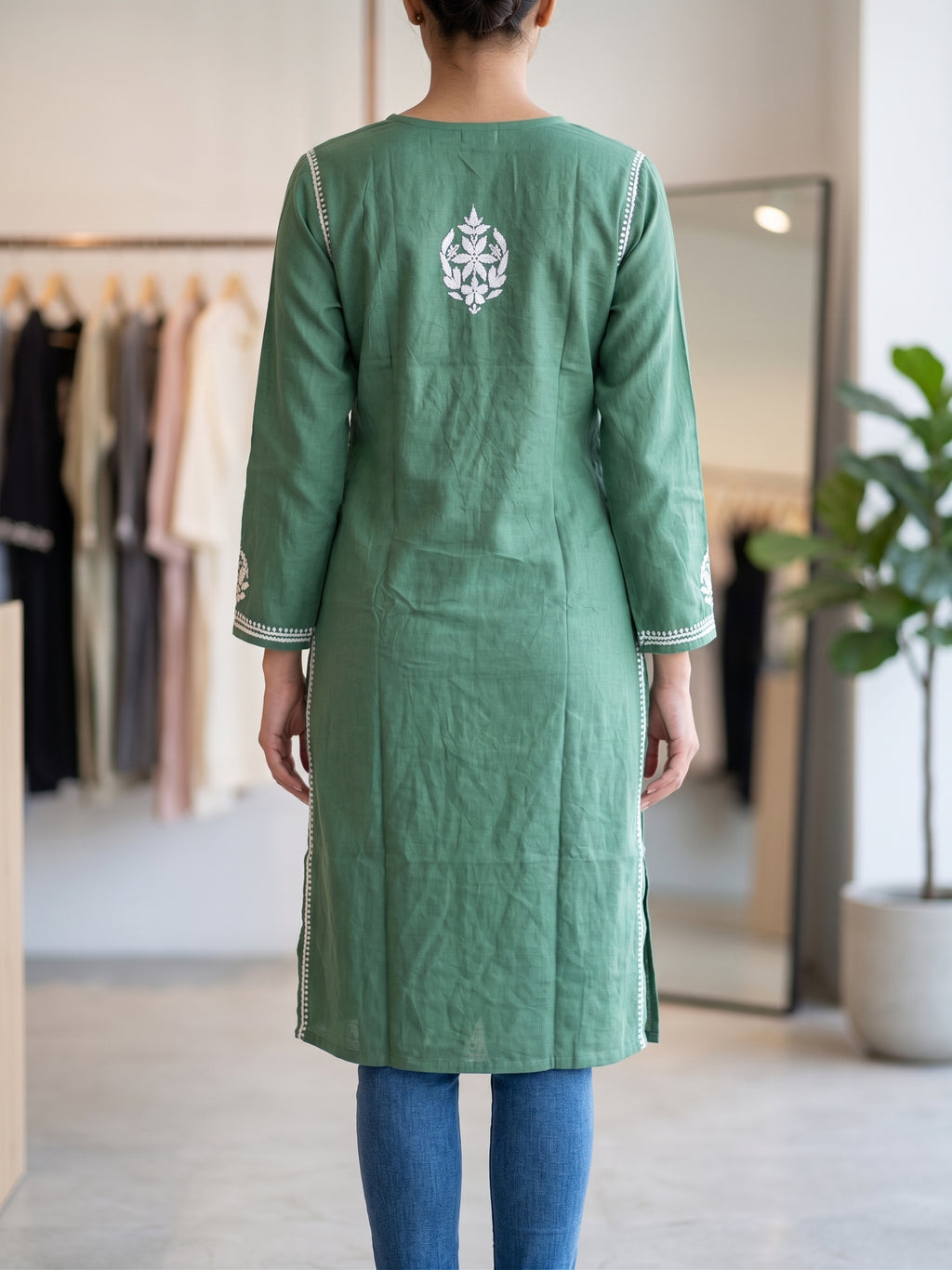 Green Cotton Hand Embroidered Chikankari Kurti Top