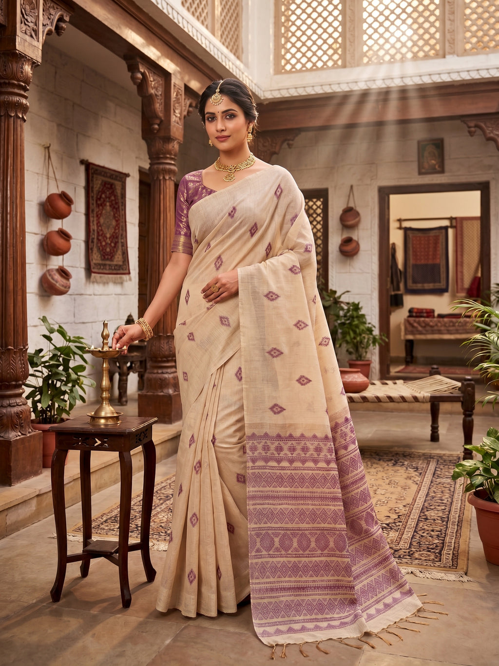 Beige Printed Jute Linen Saree