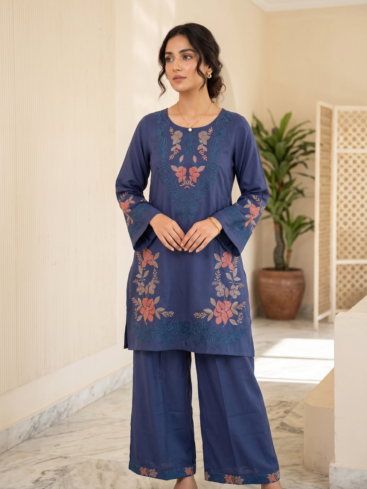 Blue Embroidered Kurti with palazzo Set