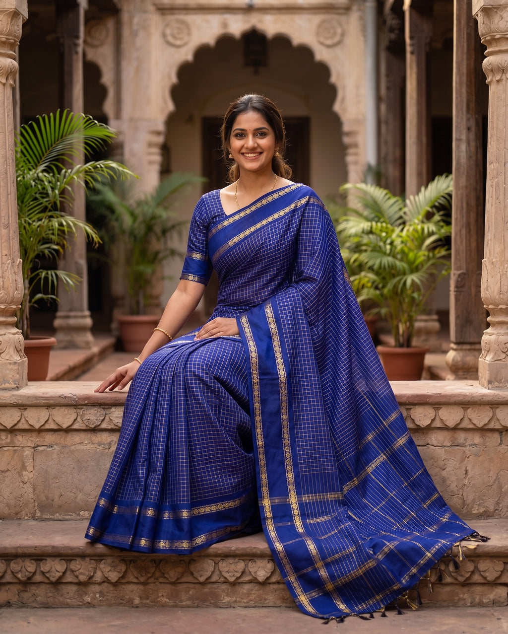 Blue Micro checkered Kalyani cotton saree with Golden zari border