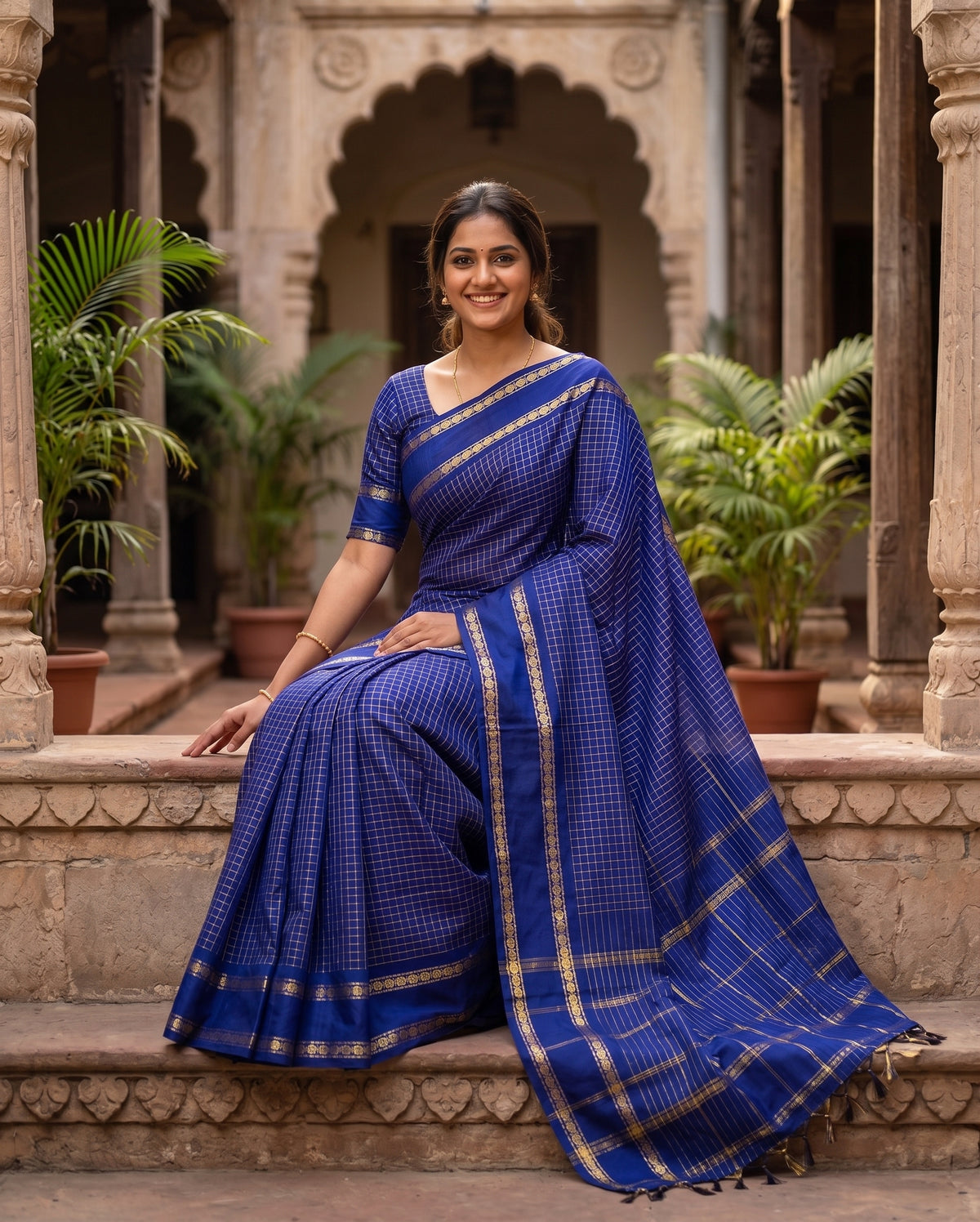 Blue Micro checkered Kalyani cotton saree with Golden zari border