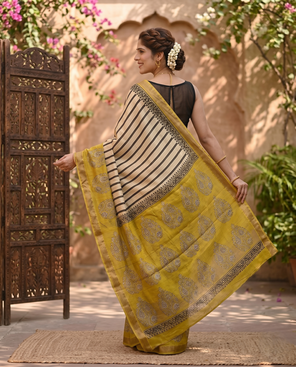 Black & Yellow Vertical Striped Pure Maheswari Silk Saree
