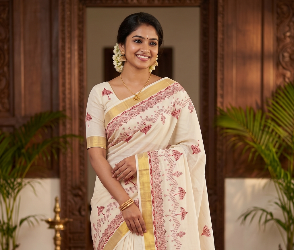 Pooram Kuda Motif Printed Kerala Tissue Cotton Saree with Zari Border