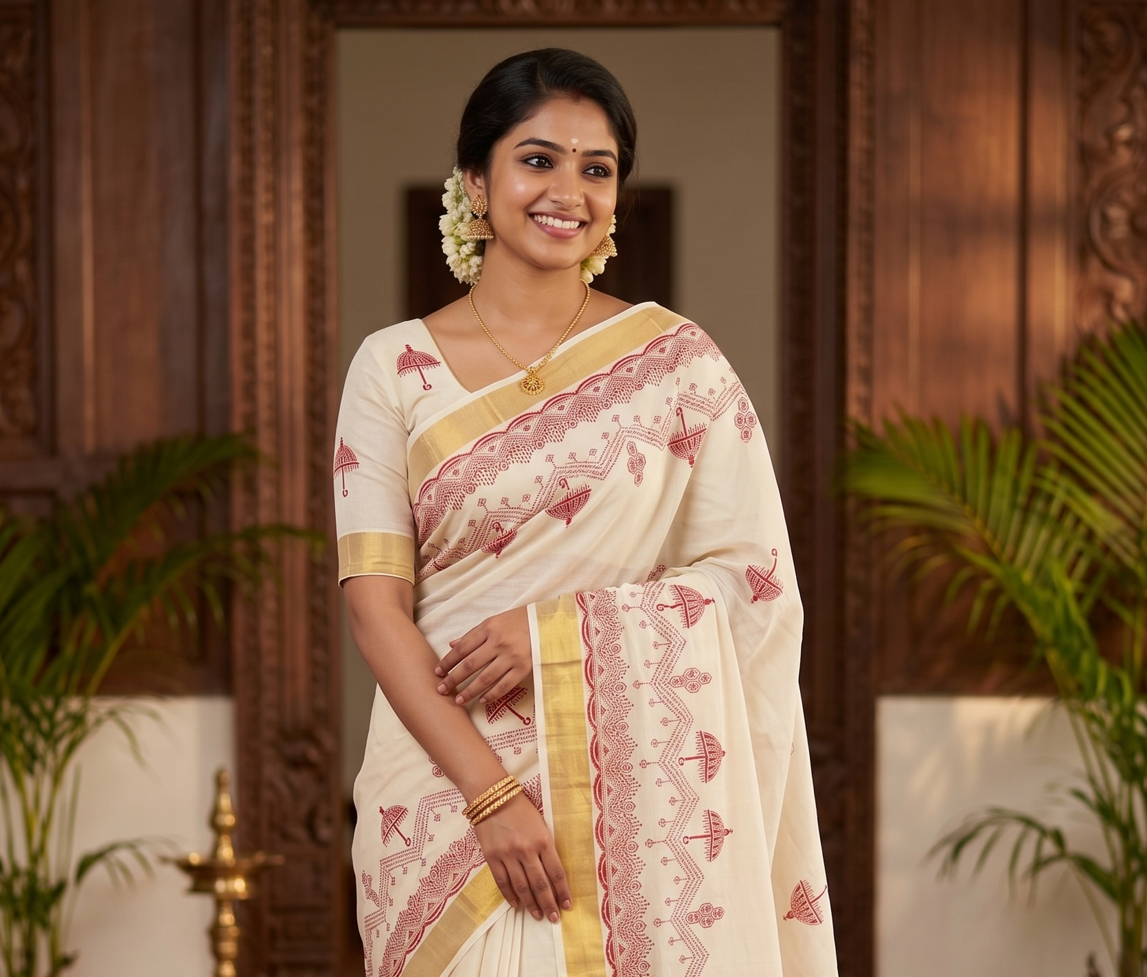 Pooram Kuda Motif Printed Kerala Tissue Cotton Saree with Zari Border
