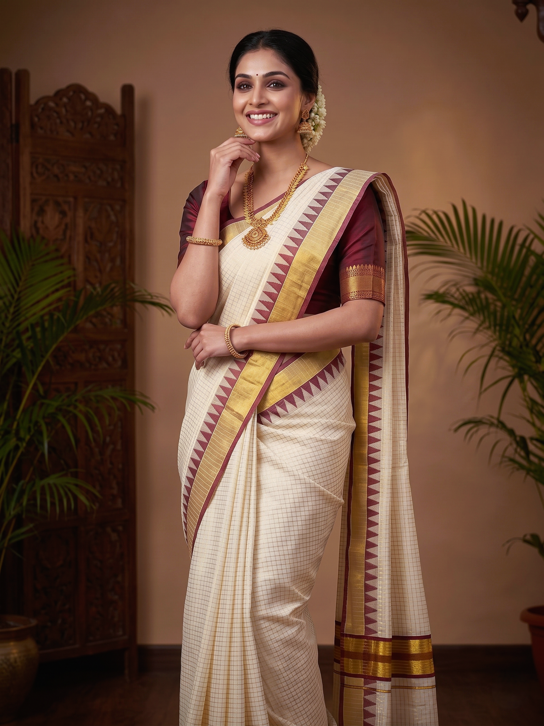 Small Checkered With Temple Border Kerala Cotton Saree