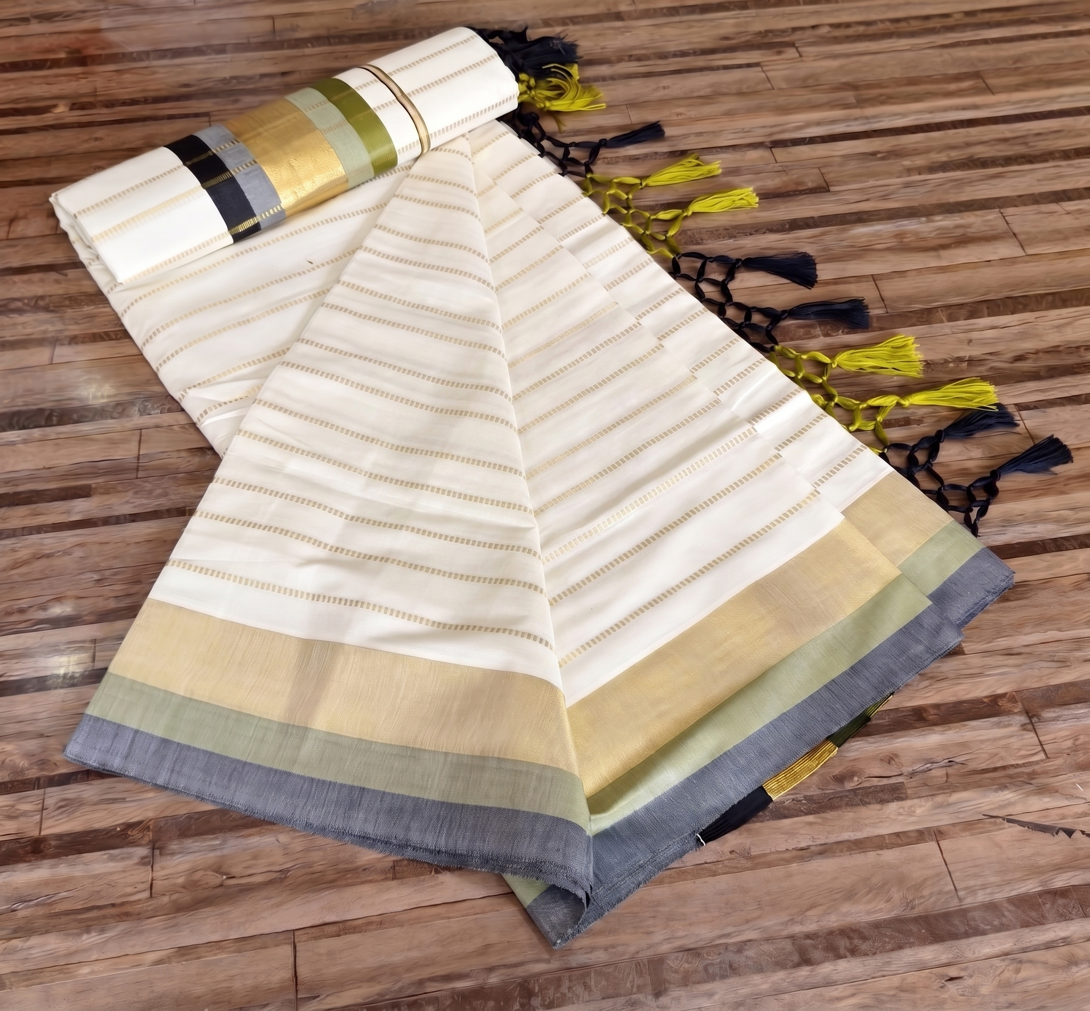 Zari Woven Striped with Muti Border Kerala Cotton Saree