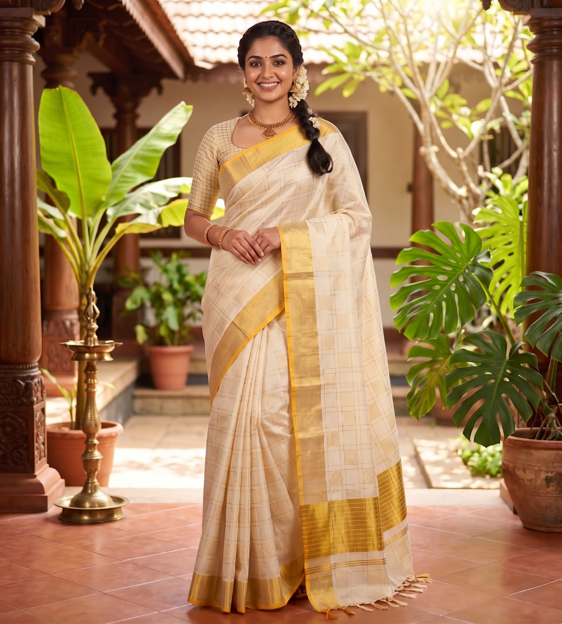 Golden Zari  Weaved kerala  Cotton Saree