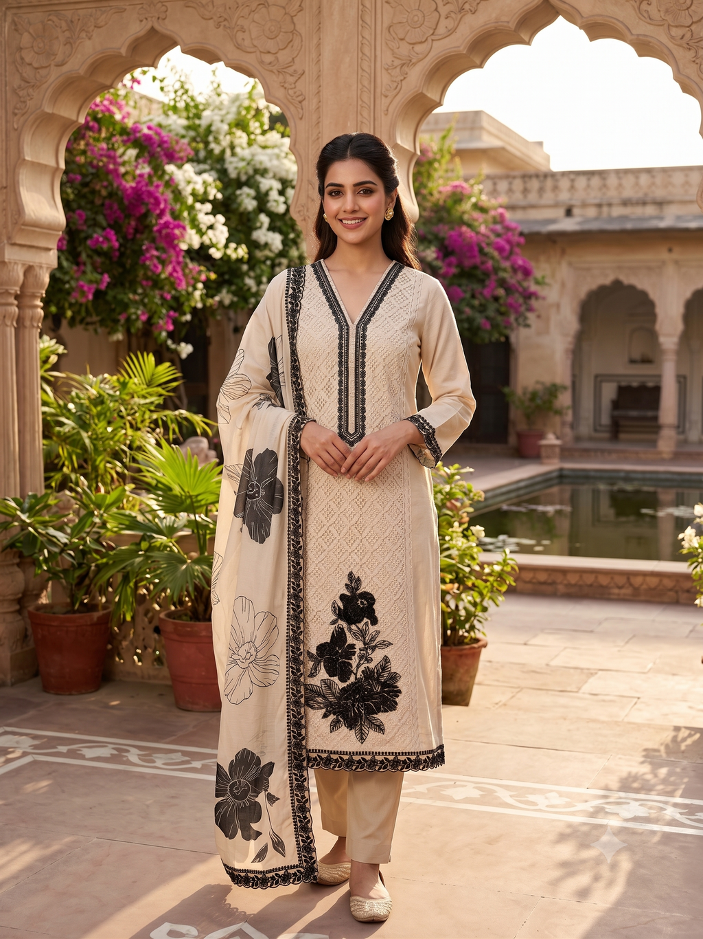 Embroidered Solid Off White Kurti Palazzo with Digital Printed Musleen Dupatta
