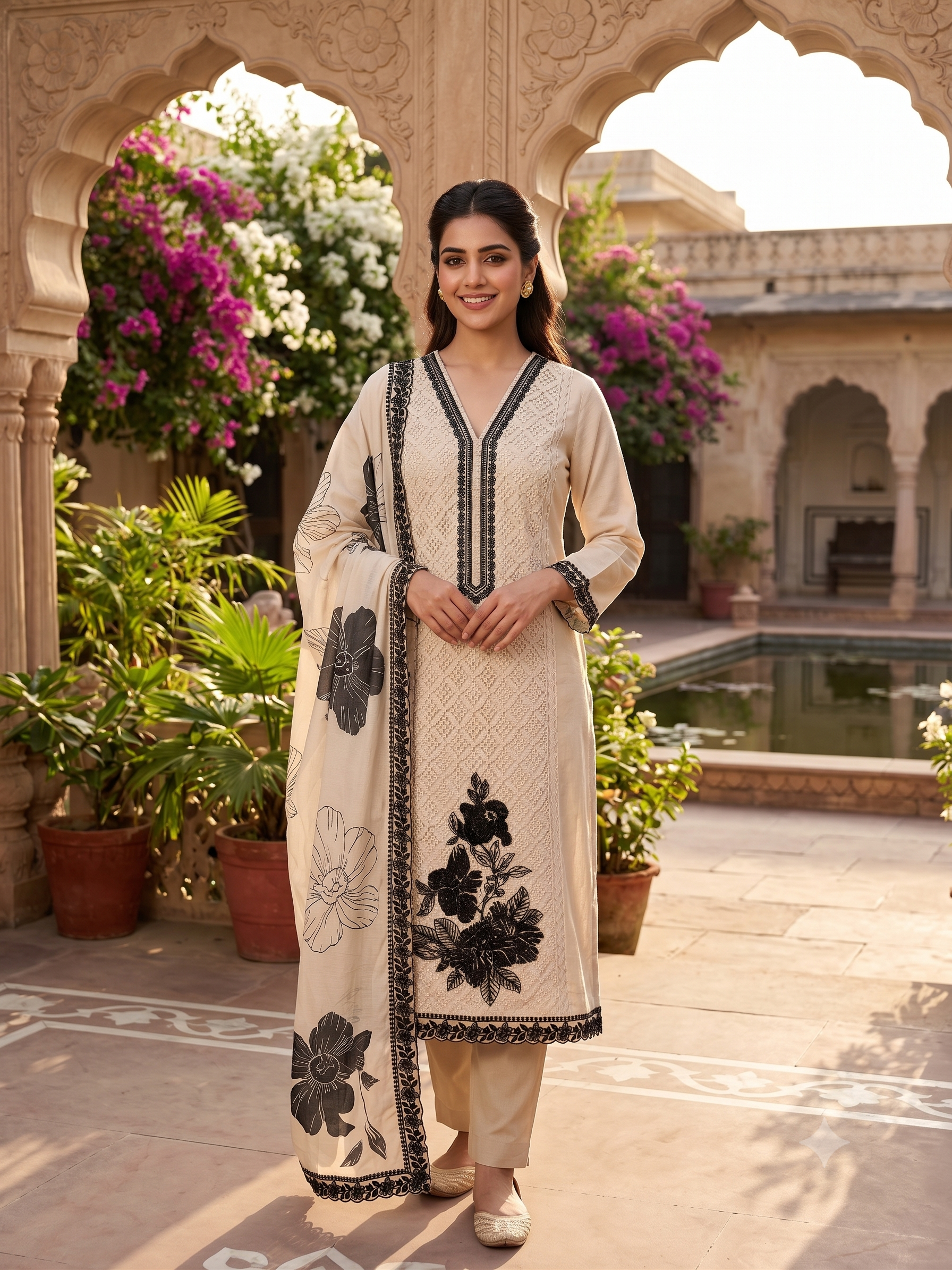 Embroidered Solid Off White Kurti Palazzo with Digital Printed Musleen Dupatta