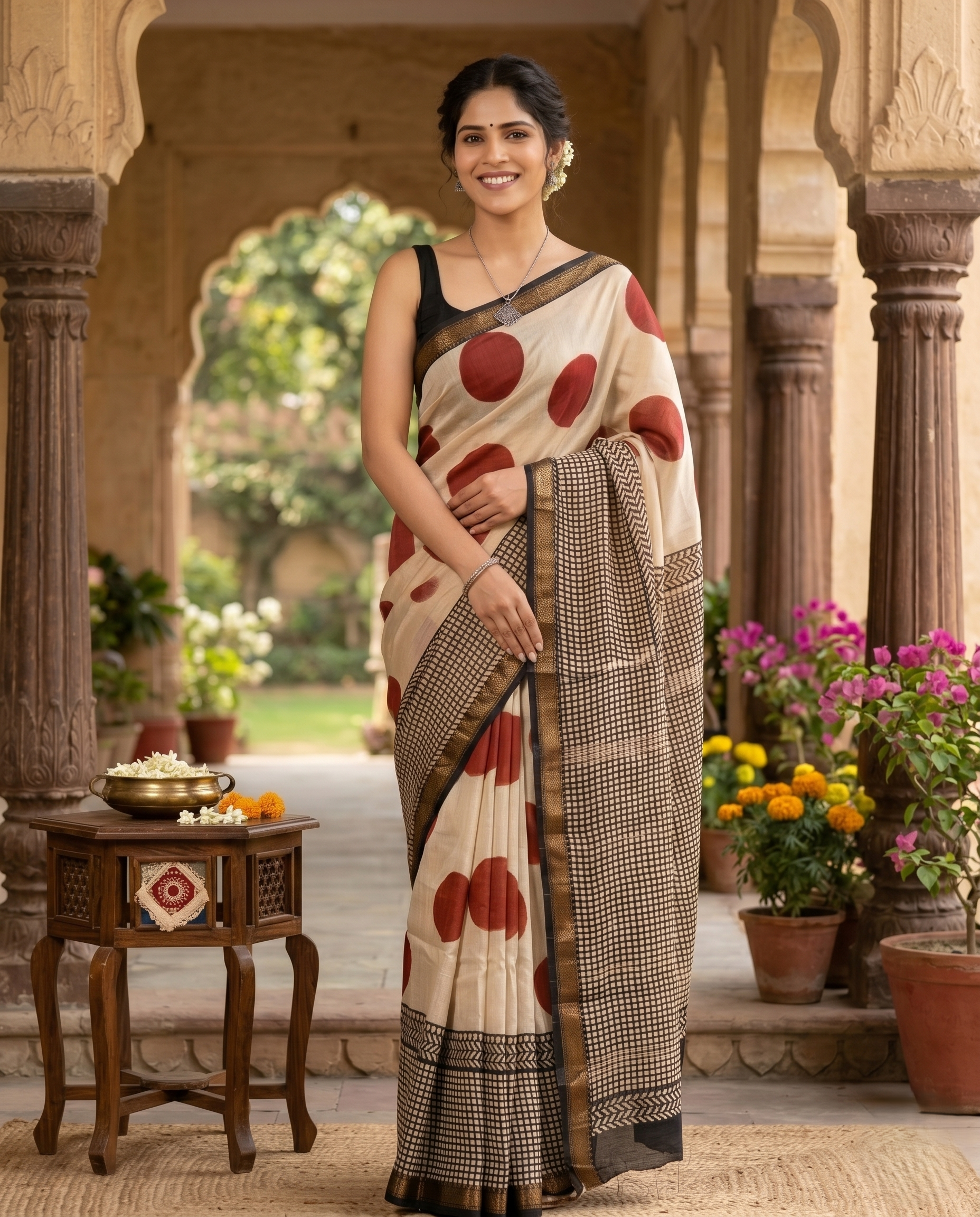 Polka Dot With Checkered Design Pure Chanderi Silk Saree