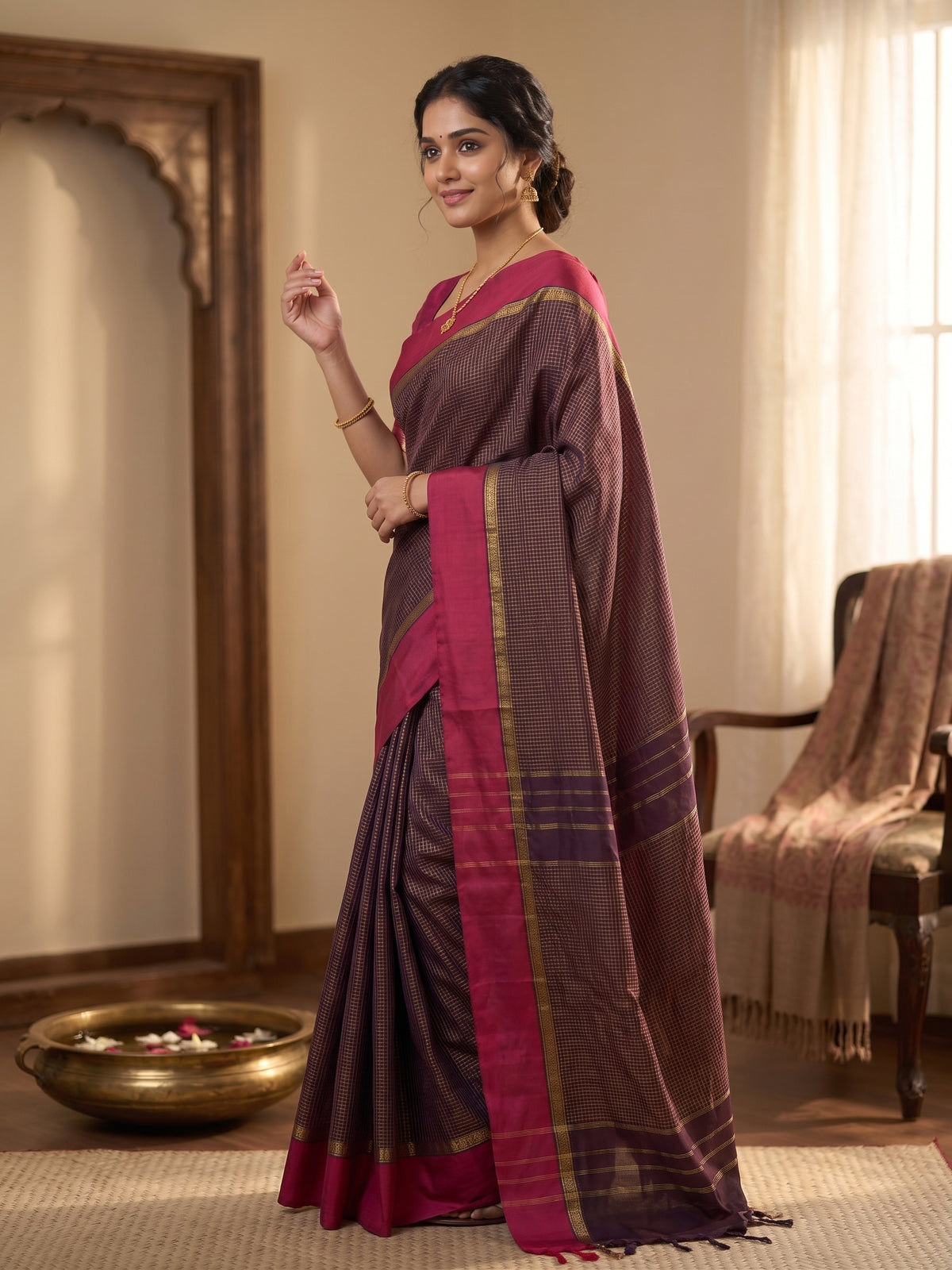 Deep Brown Micro Checks with Solid Red Border Soft Silk Saree