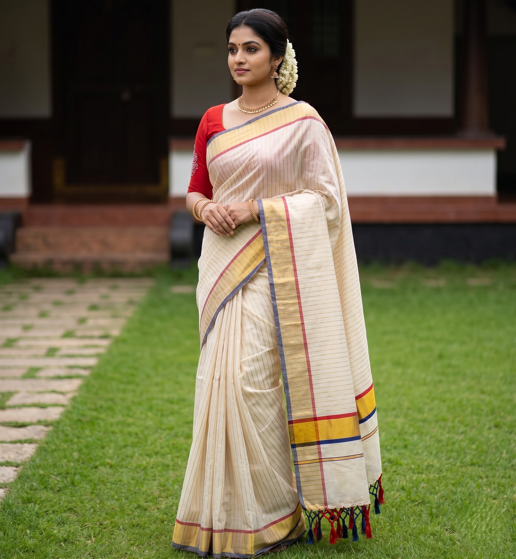 Zari Woven Striped with Contrast Border Golden Tissue Saree
