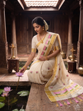 Zari Woven Striped Lotus Embroidered Kerala Cotton Saree