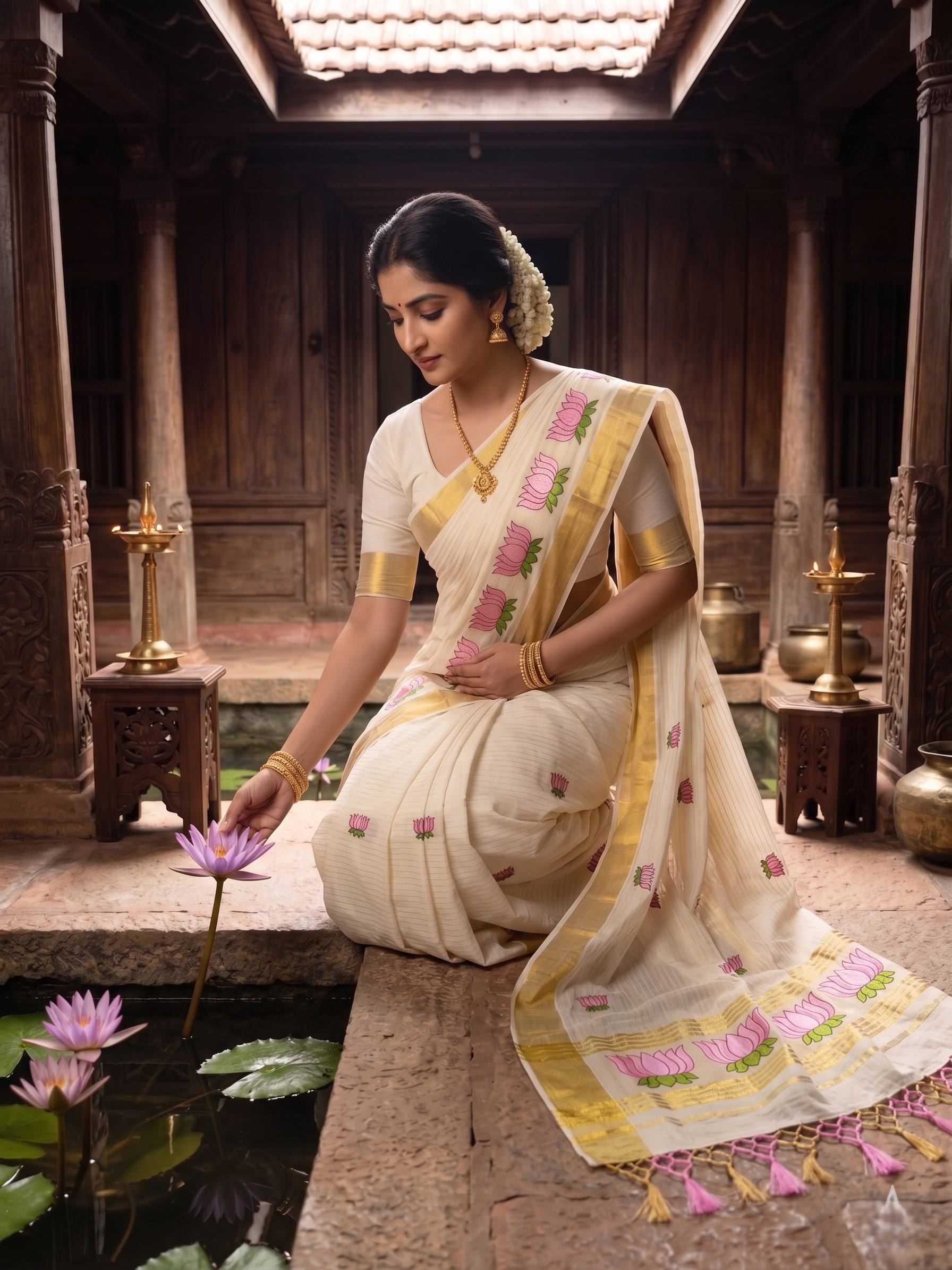 Zari Woven Striped Lotus Embroidered Kerala Cotton Saree
