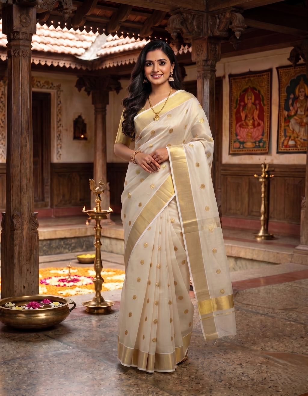 Golden Zari  Polka Weaved kerala Tissue Cotton Saree