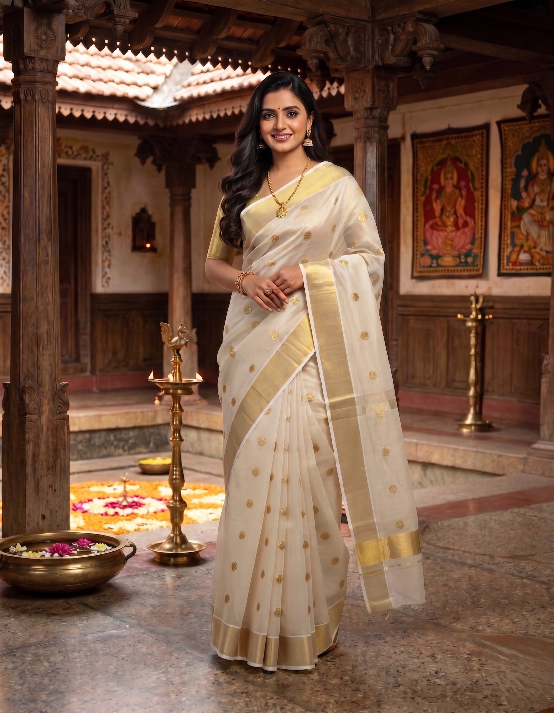 Golden Zari  Polka Weaved kerala Tissue Cotton Saree
