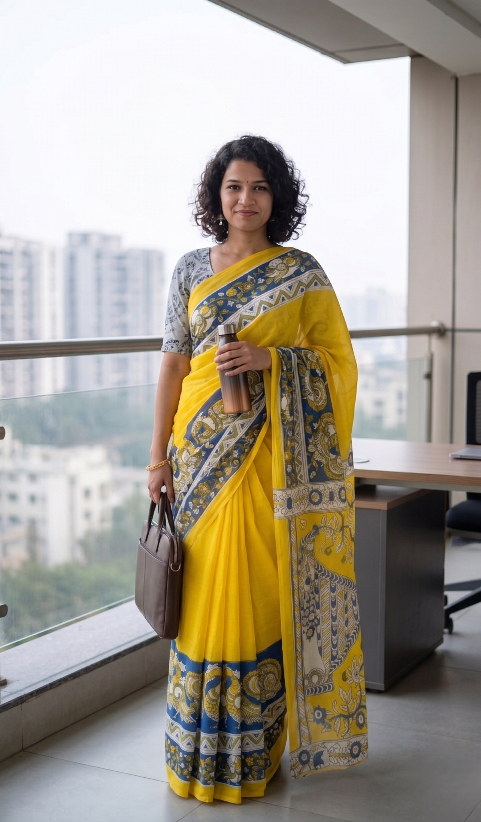 Yellow & Indigo Hand Printed Mul Cotton Saree