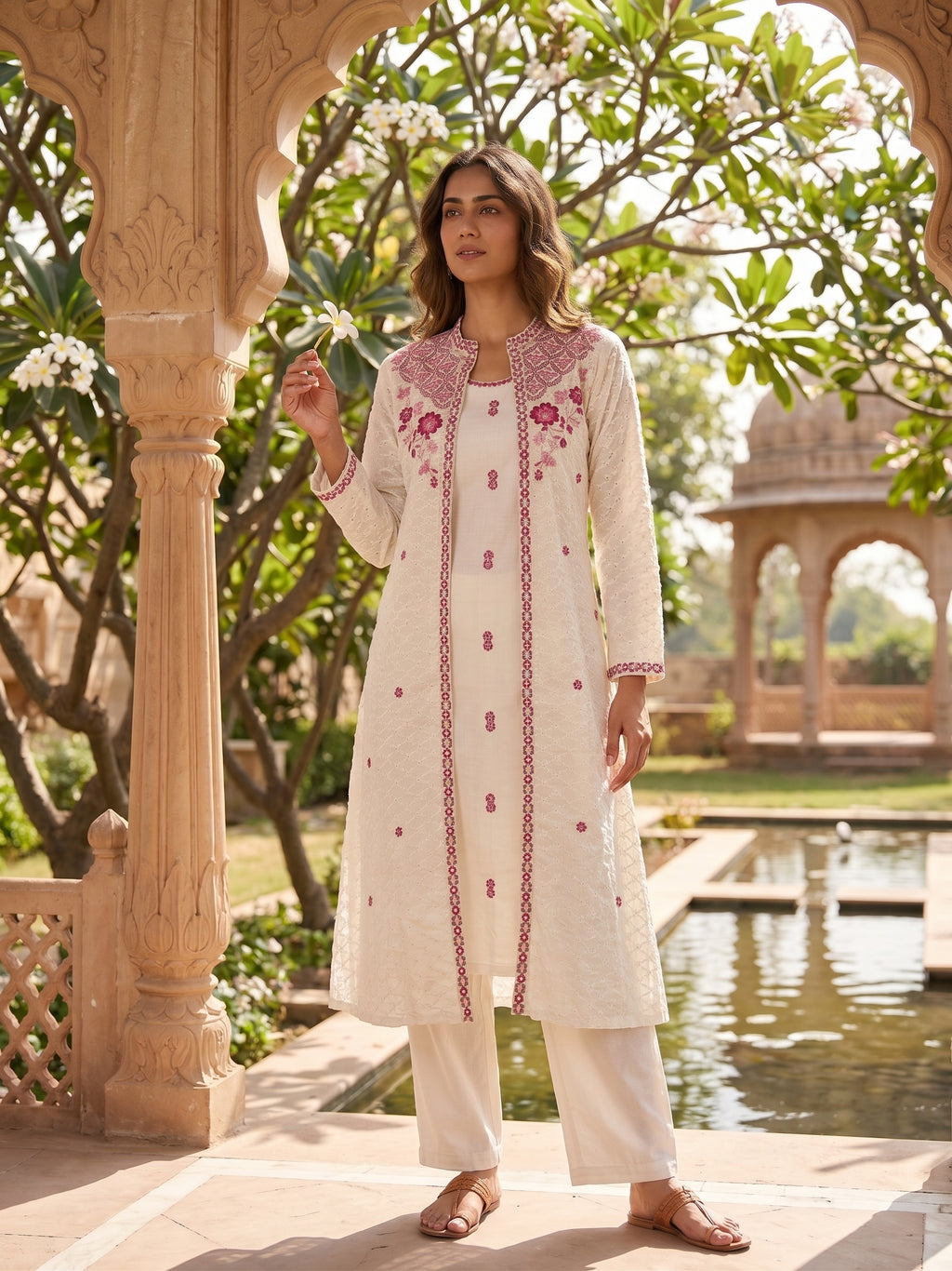 Off white Cotton Embroidered 3 Pcs Kurti Set