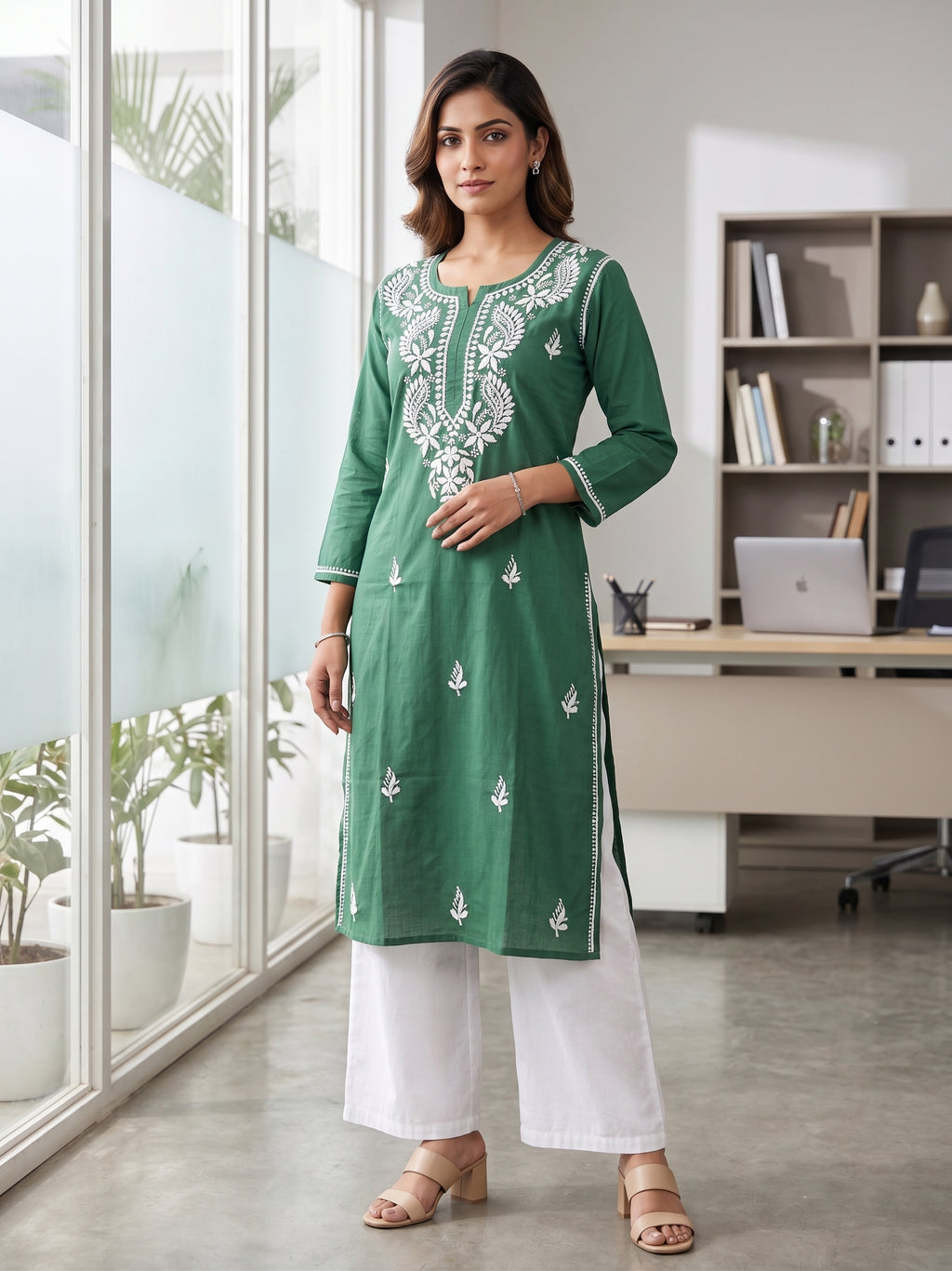 Green Cotton Hand Embroidered Chikankari Kurti Top