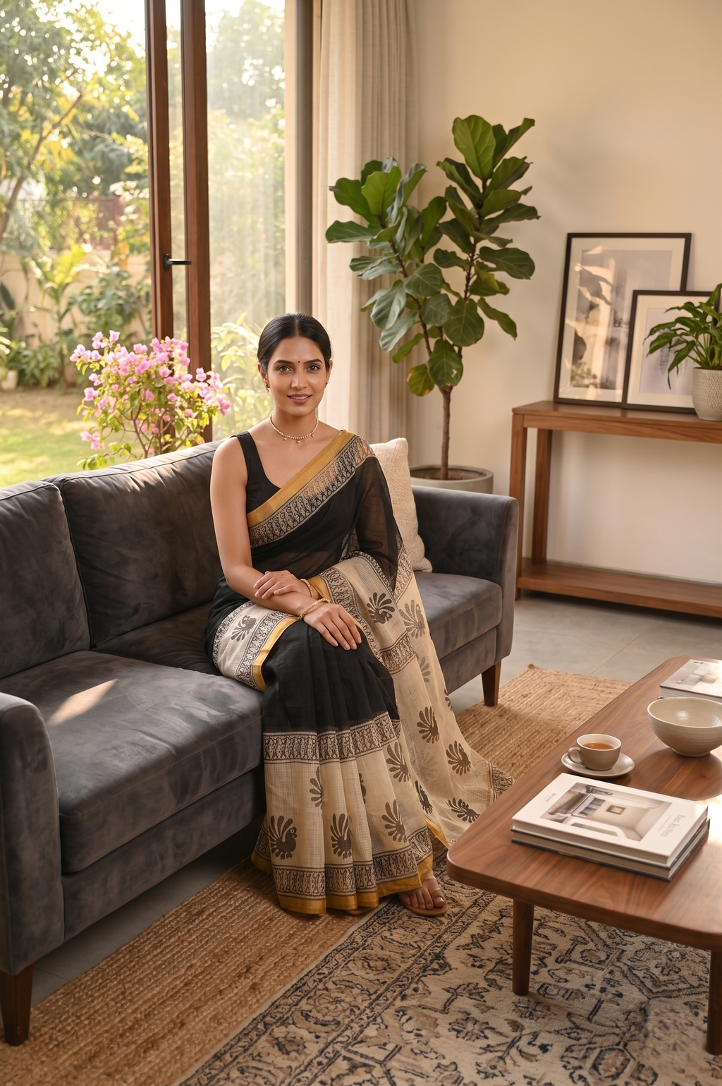 Beige Black Hand Block Printed Kota Doria Saree