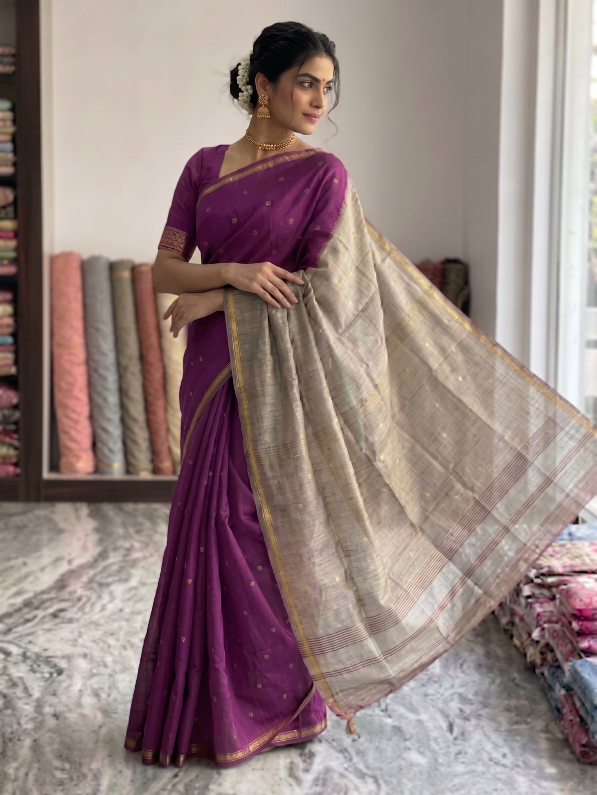 Purple & Grey  Maheswari cotton Saree