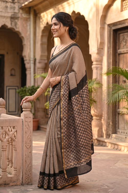 Beige Black Vertical Striped Pure Chanderi Silk Saree