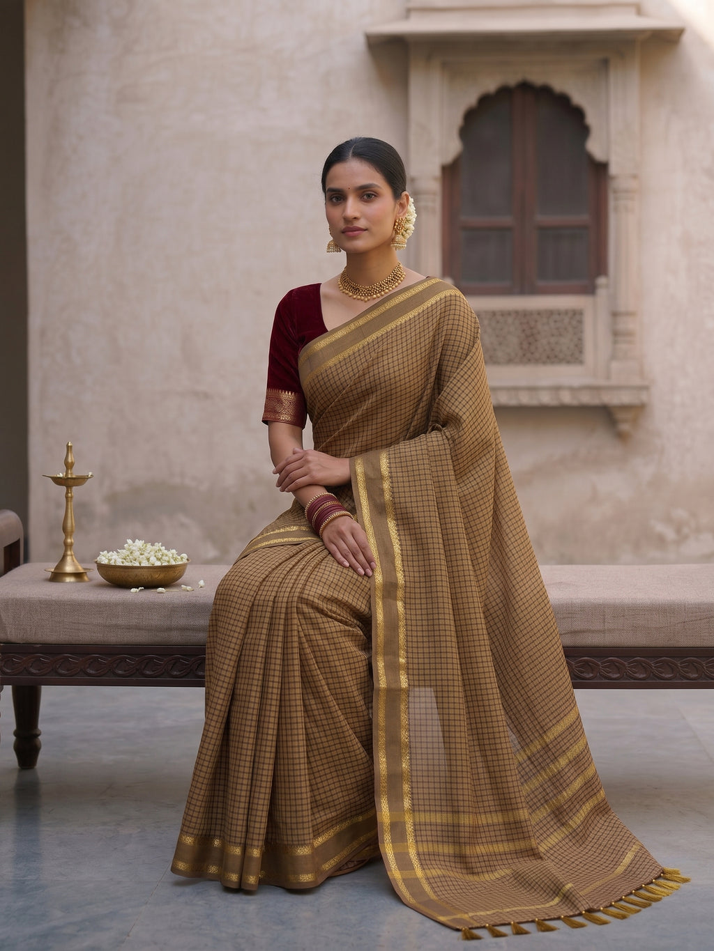 Chikku & Maroon Micro checkered Kalyani cotton saree with Golden zari border