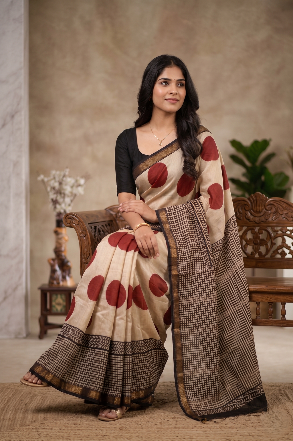 Polka Dot With Checkered Design Pure Chanderi Silk Saree