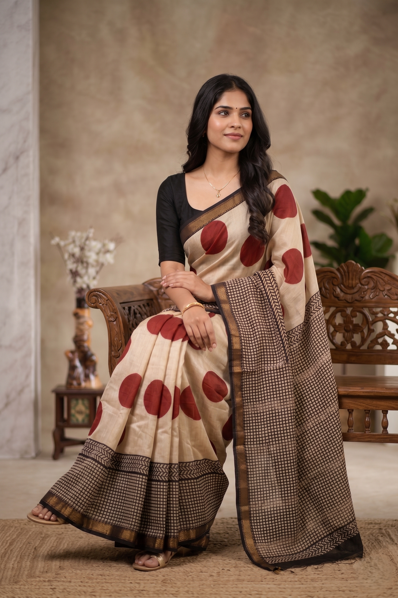 Polka Dot With Checkered Design Pure Chanderi Silk Saree