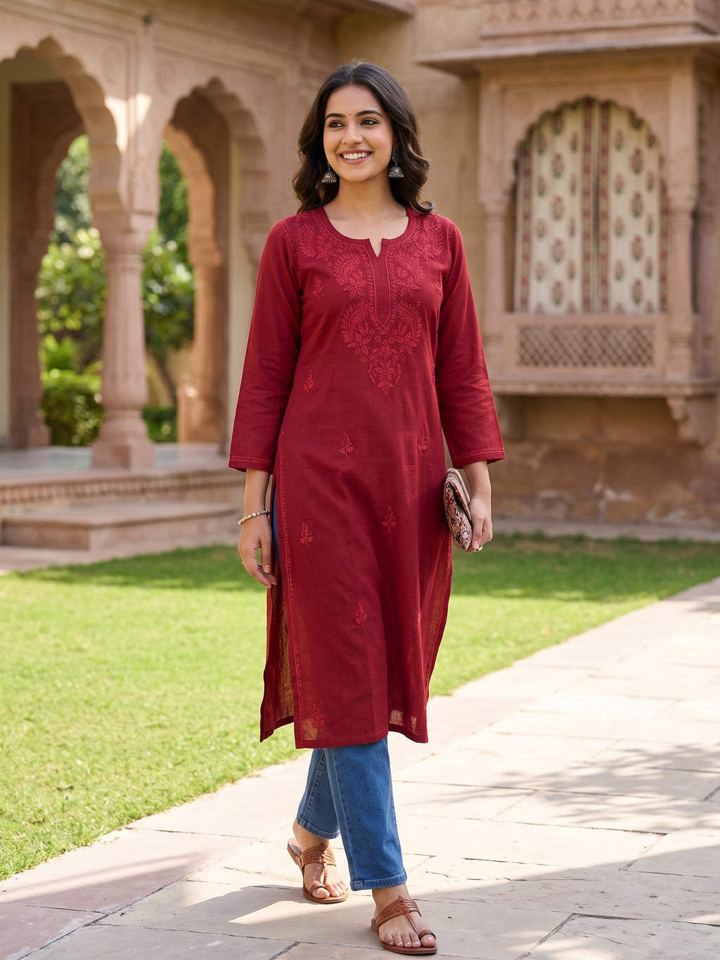 Green Cotton Hand Embroidered Chikankari Kurti Top (Copy)