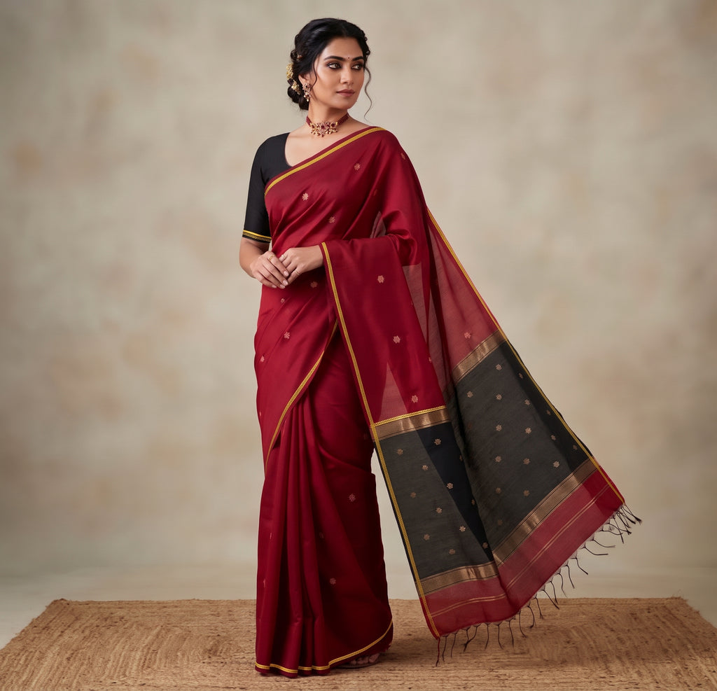 Maroon & Black Maheswari cotton Saree
