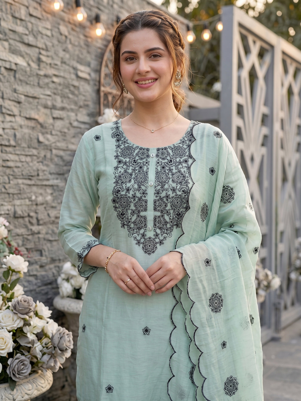 Mul Chanderi Embroidered Kurti With Palazzo and Dupatta
