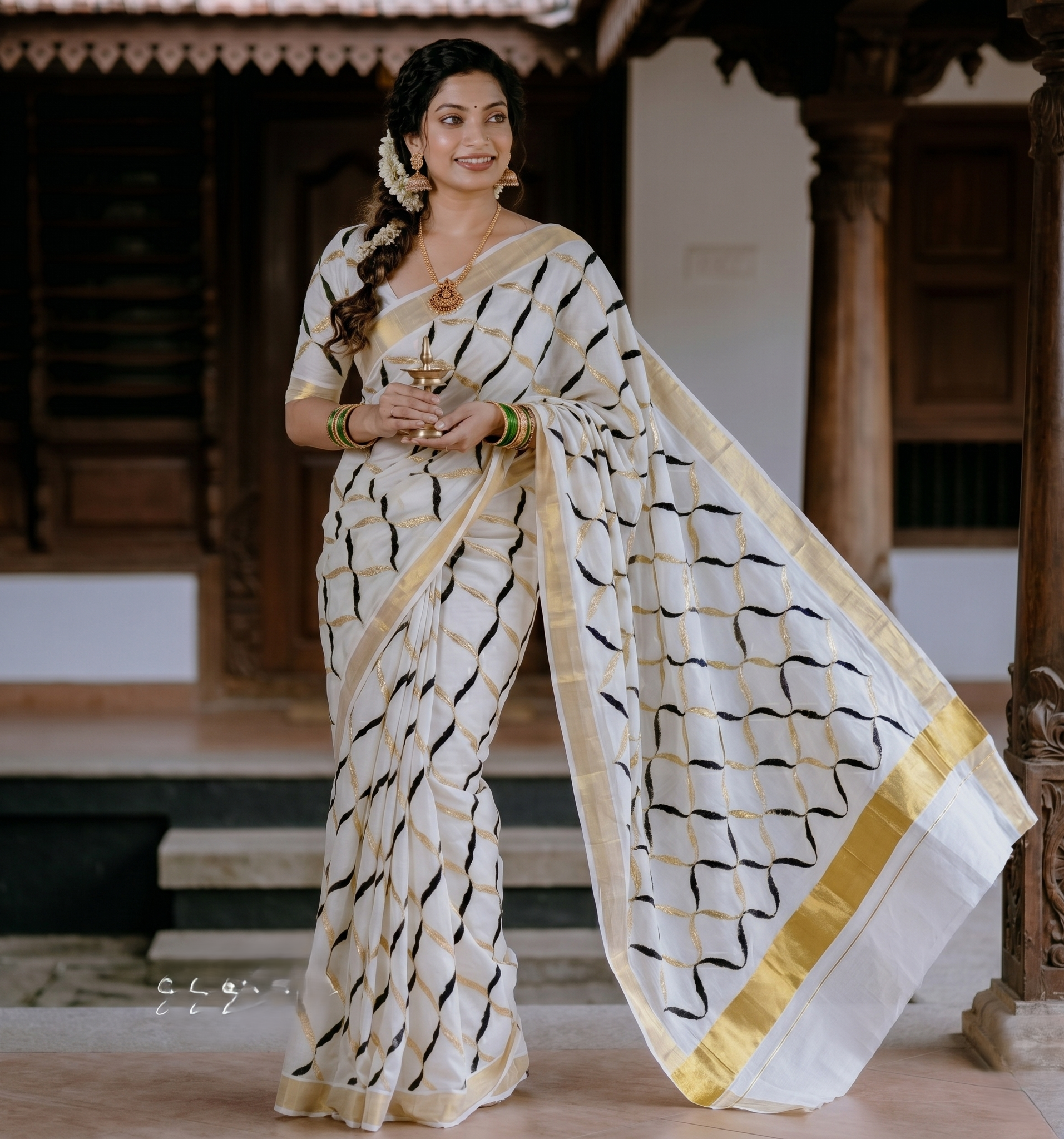 Geometric printed golden zari weaved kerala cotton saree