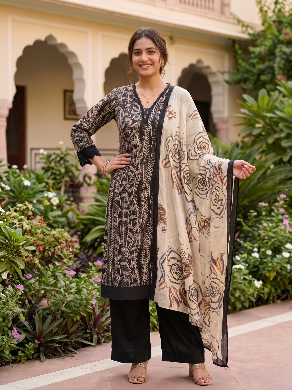 Printed Embroidered Musleen Kurti Palazzo With Dupatta