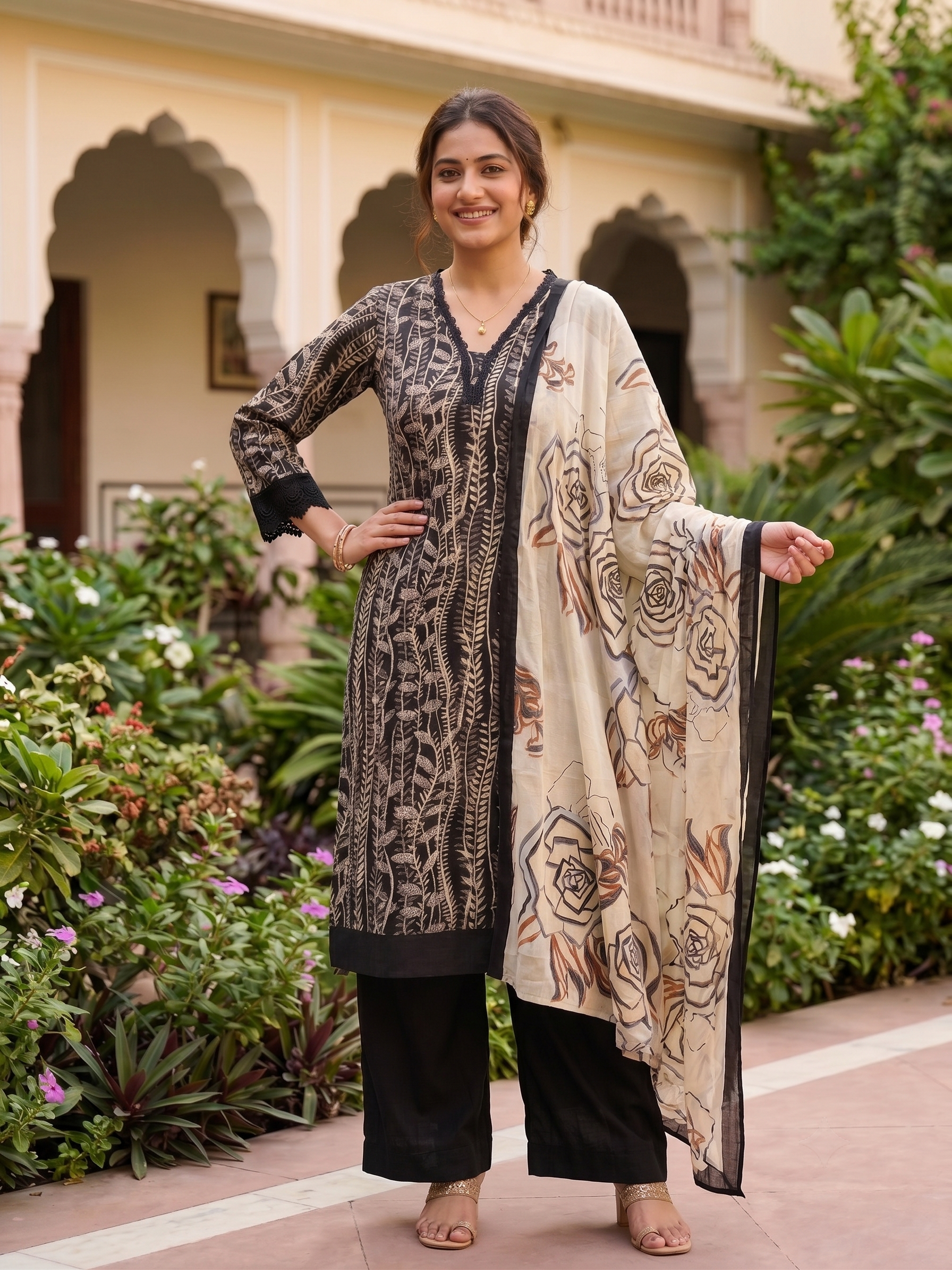 Printed Embroidered Musleen Kurti Palazzo With Dupatta