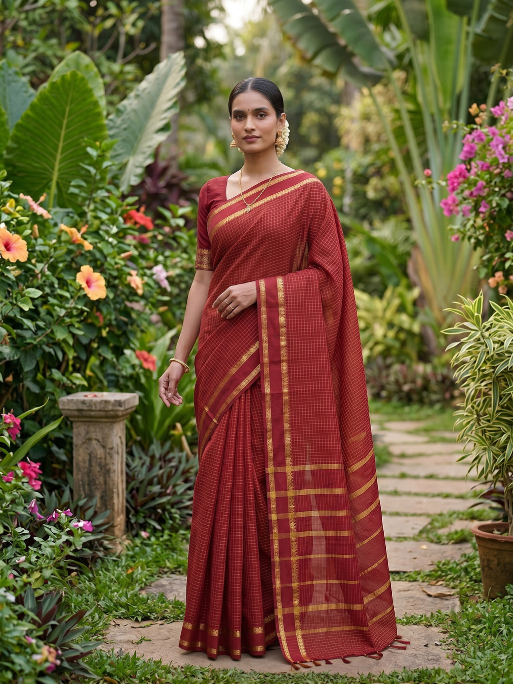 Red Micro checkered Kalyani cotton saree with Golden zari border