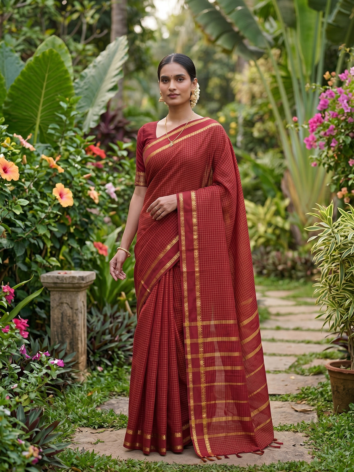 Red Micro checkered Kalyani cotton saree with Golden zari border