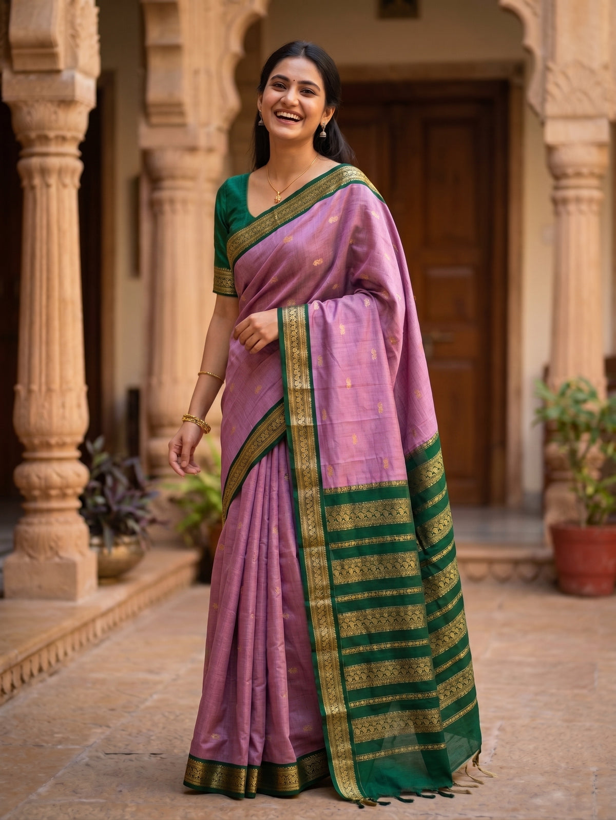 Pink with green Border Kalyani Cotton Saree