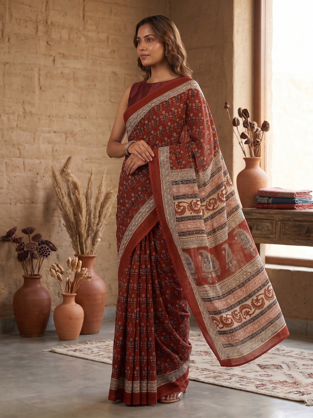 Maroon Hand Block Printed Mul Cotton Saree
