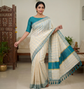 Teal Vertical Striped Tissue Cotton Kerala Saree With Matching Blouse