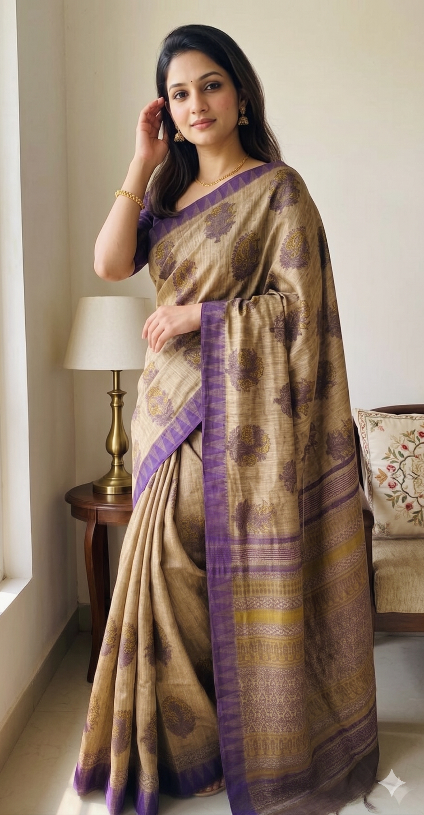 Purple & Olive Vanaspati Hand Printed Silk Cotton Saree